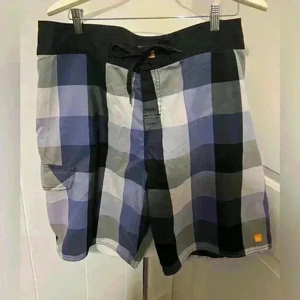 Vintage $80 Quiksilver Mens Surf Swim‎ Board Shorts Trunks Purple Plaid XL 38
